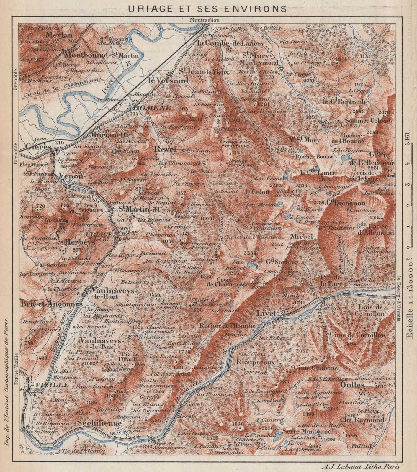 URIAGE & ENVIRONS. Vizille Domène Livet Chamrousse. Vintage map. Isère 1923